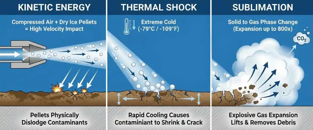 Laser Cleaning vs Dry Ice Blasting: Which Is Better? 4 dry ice blasting physics flowchart showing kinetic energy thermal shock and sublimation expansion