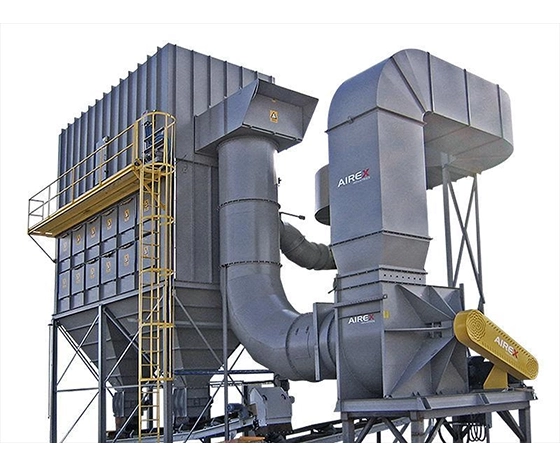 heavy duty industrial baghouse dust collection system with large exterior piping network for woodworking factories